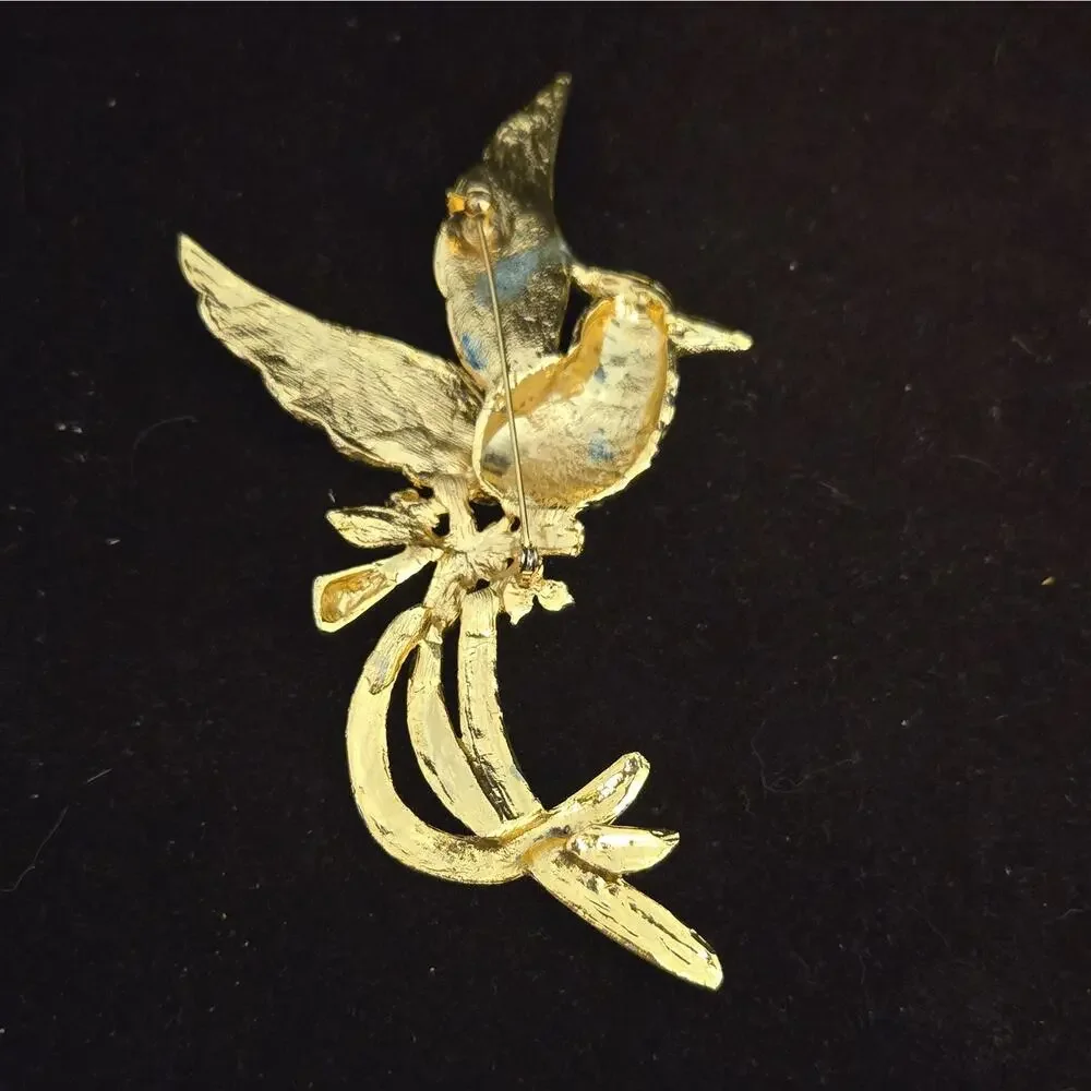 Vintage Style Enamel Bird of Paradise Brooch Pin Colorful Rhinestone Gold Tone